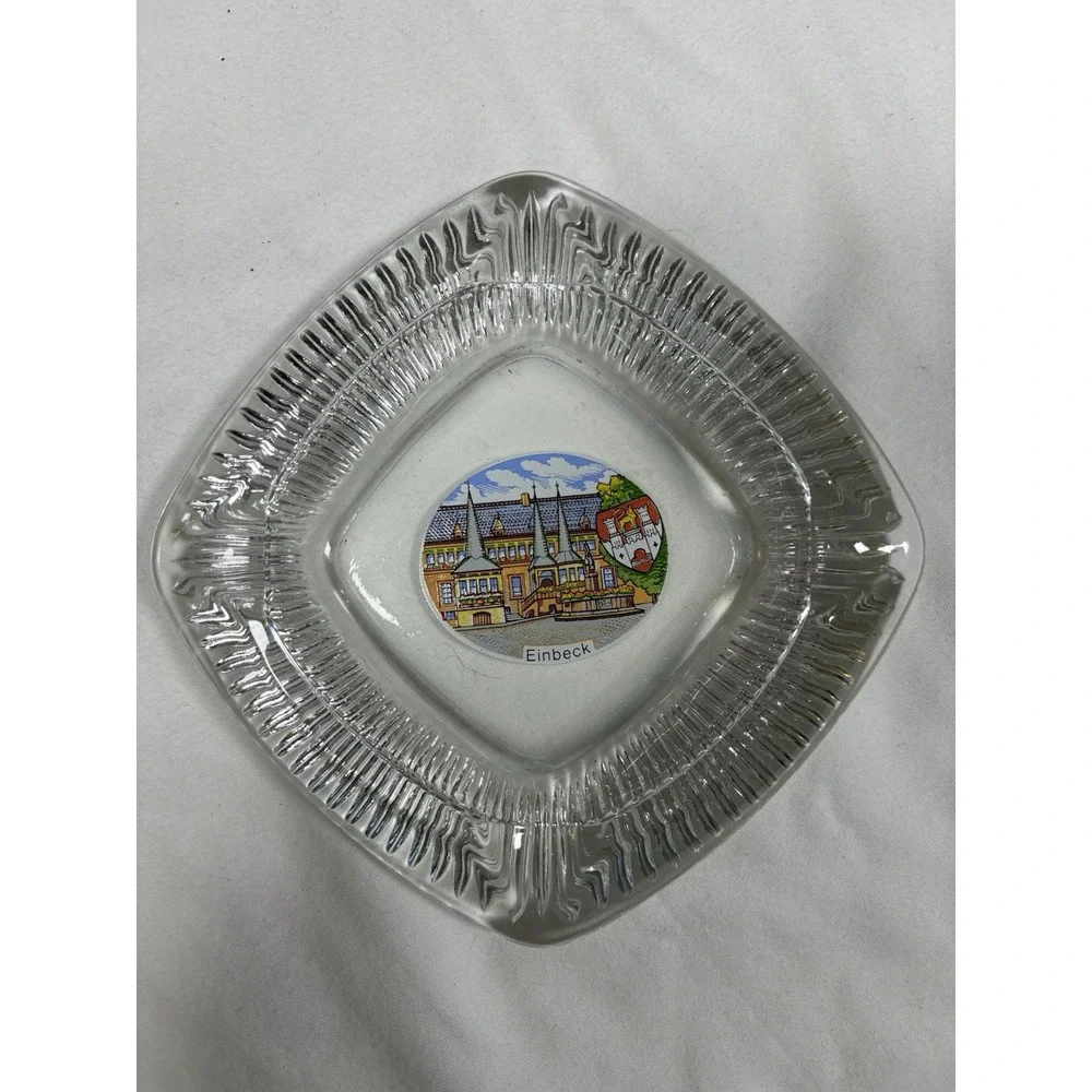 Vintage Einbeck Germany Souvenir Glass Ashtray Clear Ribbed Diamond Tobaccoriana